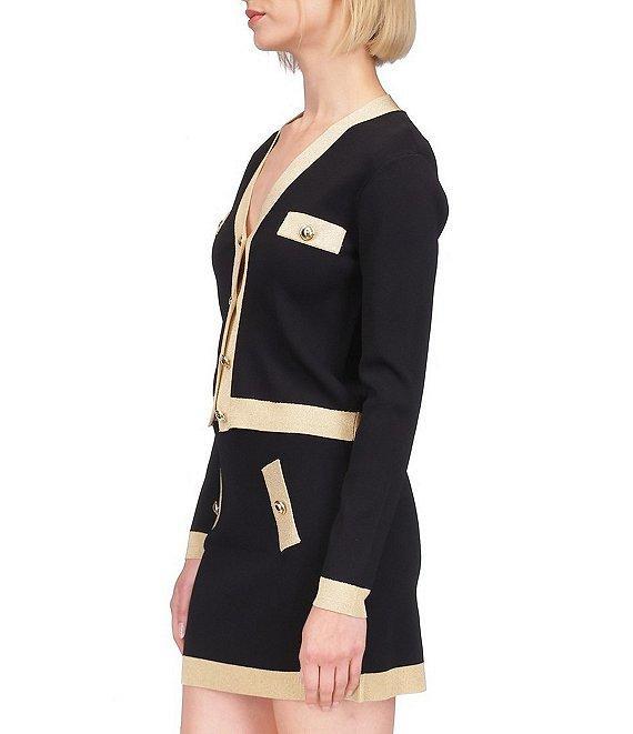 Michael Kors Metallic Trim V-Neck Long Sleeve Gold Button Cardigan Product Image