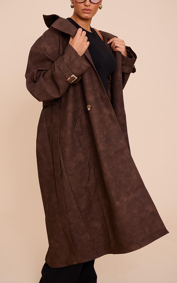Plus Chocolate Textured Faux Leather Trench Coat Product Image
