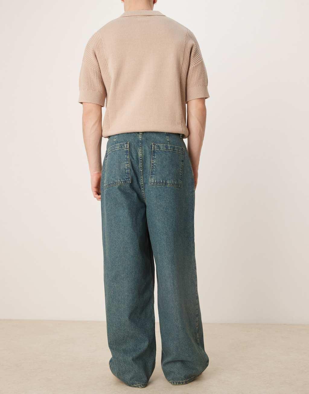ASOS DESIGN double pleated jeans with side ties in mid wash blue Product Image
