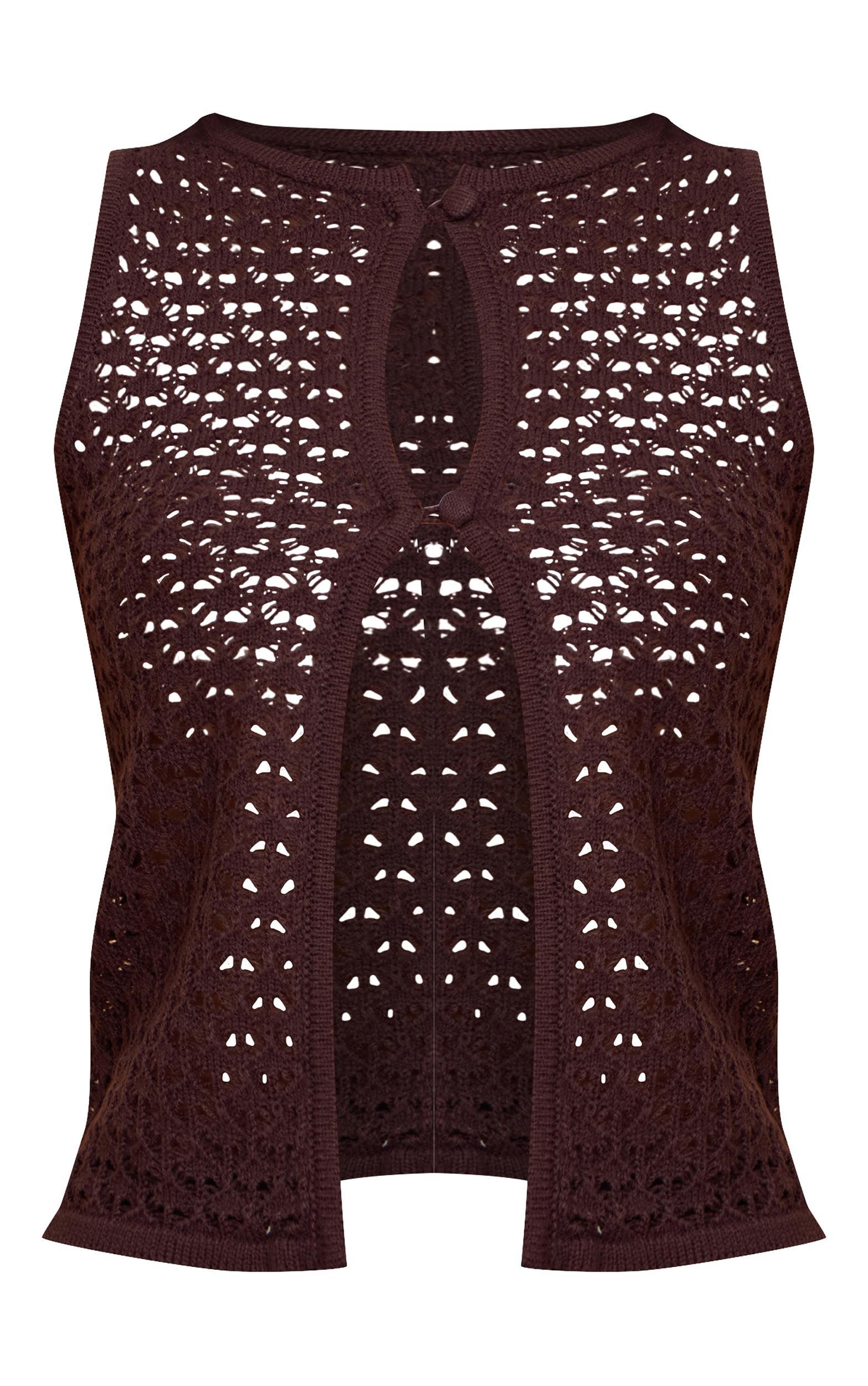  Chocolate Crochet Knit Cut Out Pearled Button Vest Top Product Image