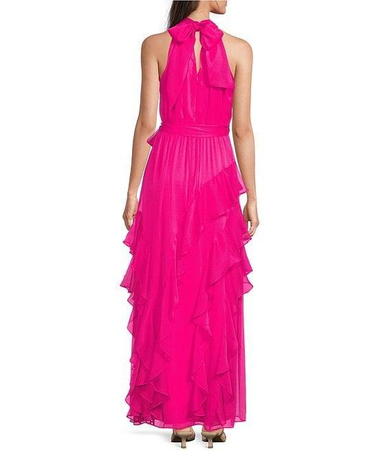 Alex Marie Nina Chiffon Halter Sleeveless Tiered A-Line Dress Product Image