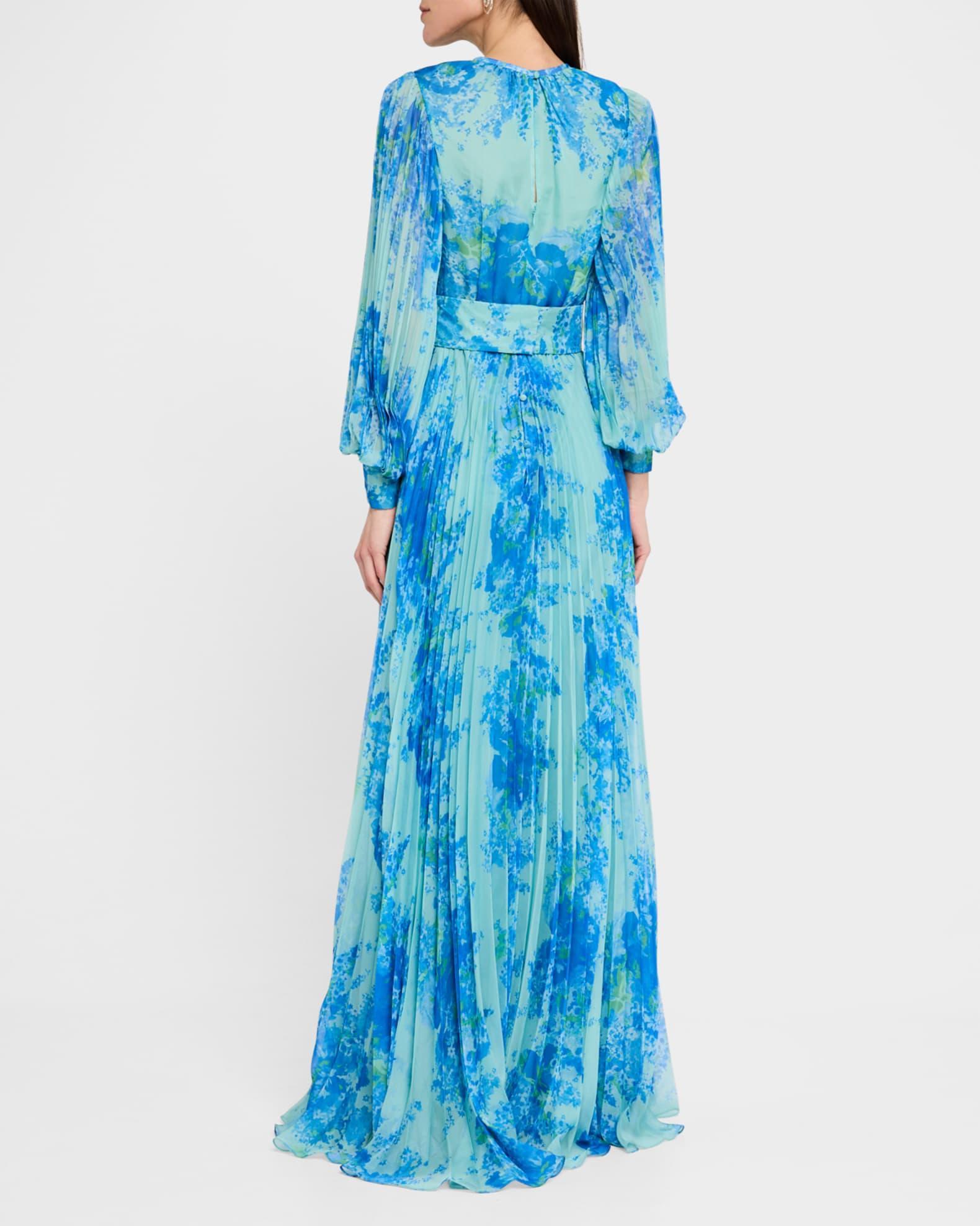 Pleated Floral-Print Blouson-Sleeve Gown Product Image