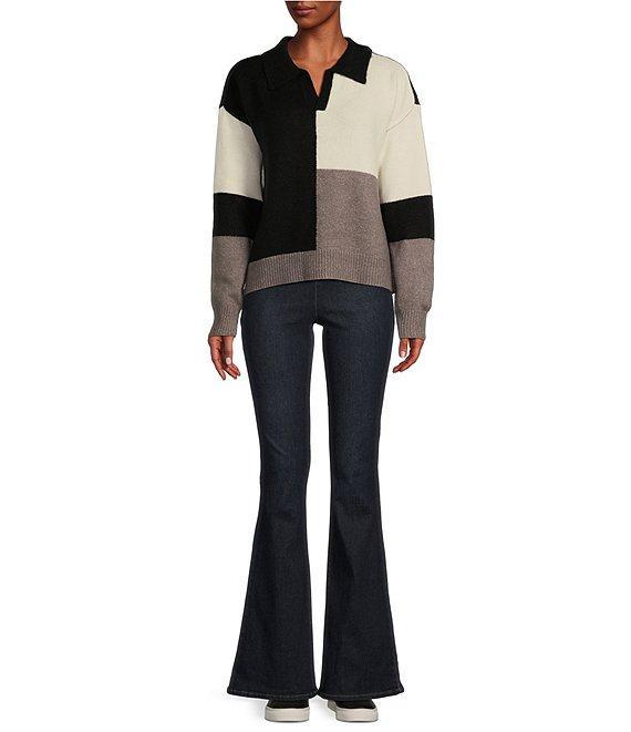 Takara Color Block Split V-Neck Collared Long Sleeve Pullover Sweater Product Image