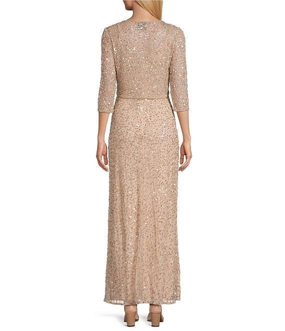 Pisarro Nights Beaded Mesh V-Neck 3/4 Sleeves A-Line 2-Piece Jacket Dress Product Image