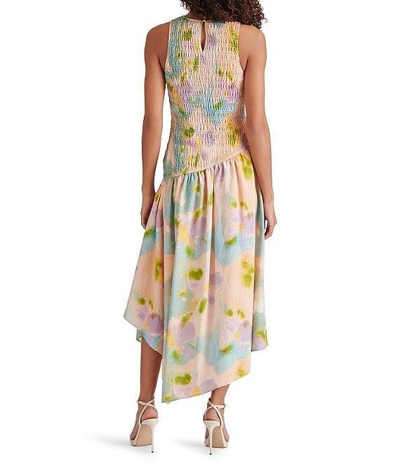 Steve Madden Dresses Mareena Woven Floral Print Crew Neck Sleeveless Smocked Drop Waist Midi Dress Product Image