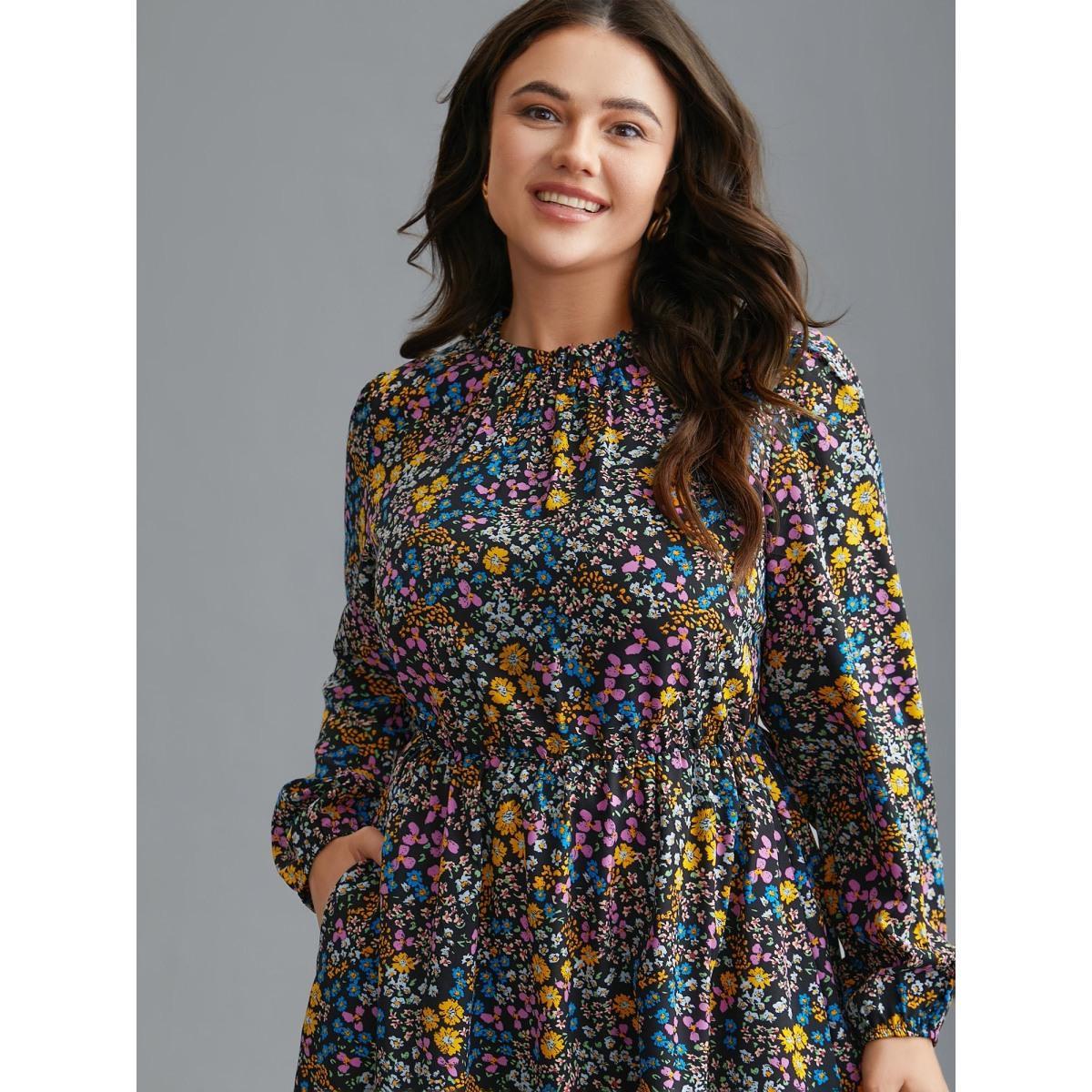 Plus Size Floral Ruffles Mock Neck Elastic Waist Midi Dress BlackFlower Women Elegant Frill Trim Mock Neck Long Sleeve Curvy BloomChic 12/L Product Image