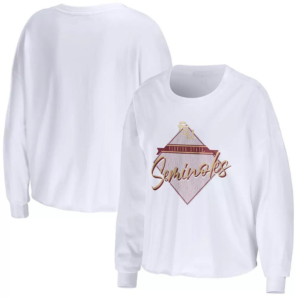 Women's WEAR by Erin Andrews White Florida State Seminoles Diamond Long Sleeve Cropped T-Shirt,  Product Image