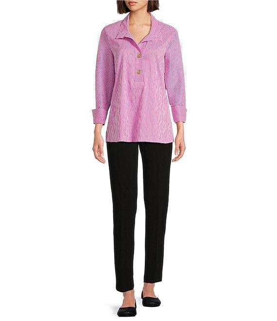 Ali Miles Crinkle Stripe Y Neckline Cuffed 3/4 Sleeve Top Product Image