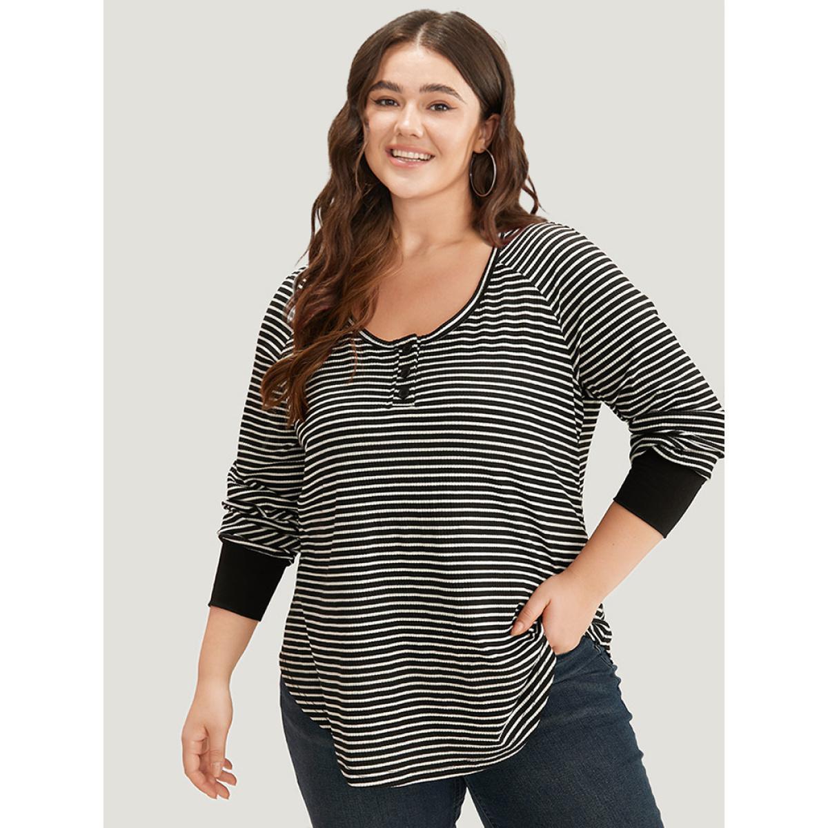 Plus Size Striped Button Up Curved Hem Patchwork T-shirt Black Women Casual Elastic cuffs Striped Open Front Dailywear T-shirts BloomChic 10/M Product Image
