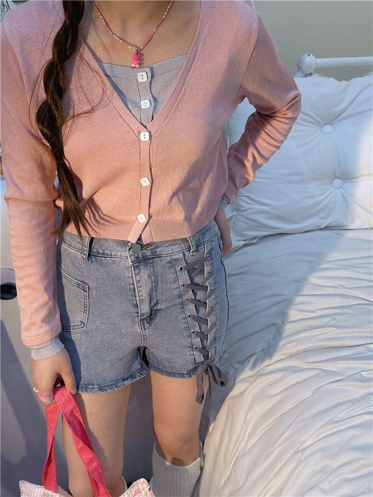 High Waist Lace-Up Washed Denim Shorts Product Image