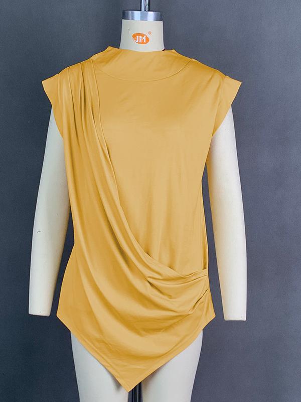 Loose Sleeveless Asymmetric Pleated Solid Color Split-Joint Mock Neck T-Shirts Tops Product Image