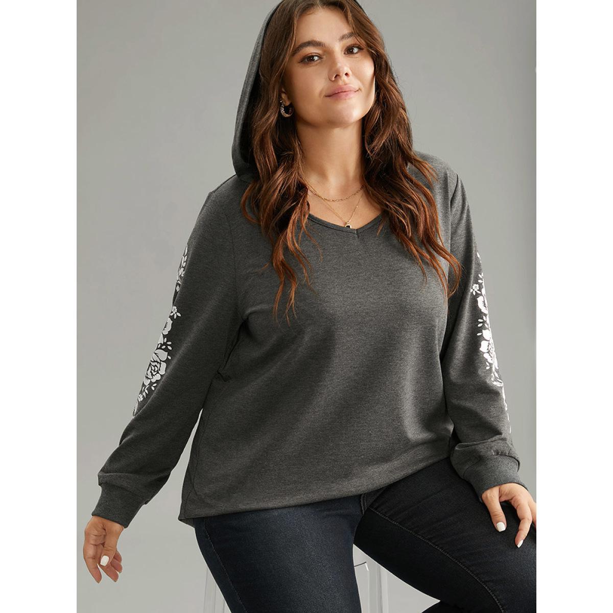 Plus Size Floral Print Hooded Rib Knit Sweatshirt Women DimGray Elegant Printed Hooded Dailywear Sweatshirts BloomChic 26/4X Product Image