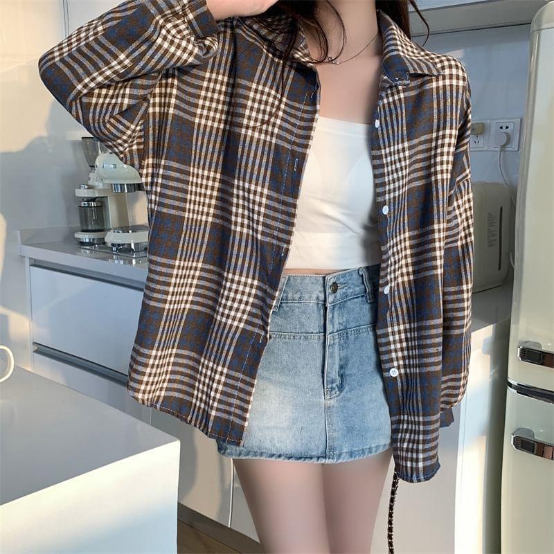 Puff-Sleeve Plaid Button-Up Shirt / Plain Camisole Top Product Image