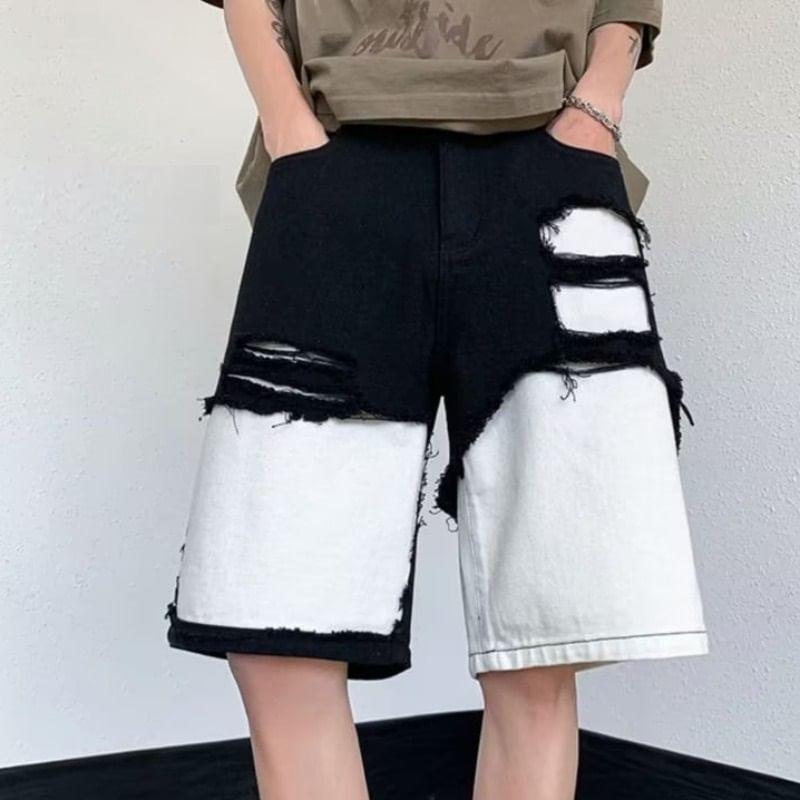 Mid Rise Distressed Panel Denim Shorts Product Image