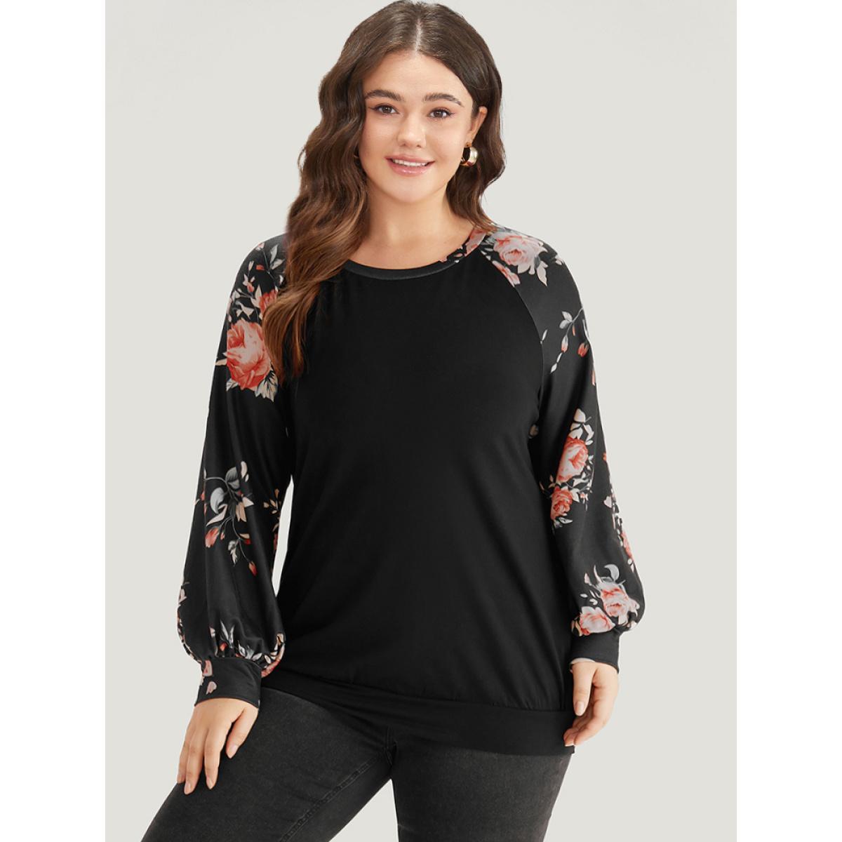 Plus Size Floral Print Raglan Sleeve Patchwork Sweatshirt Women Black Elegant Printed Round Neck Everyday Sweatshirts BloomChic 22-24/3X Product Image
