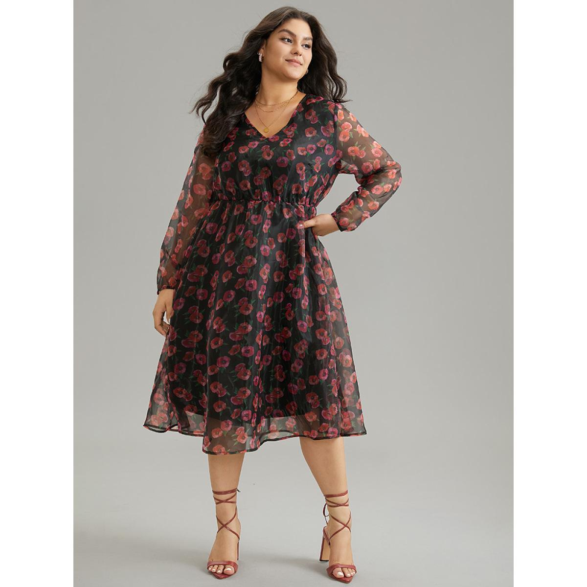 Plus Size Floral Mesh Elastic Waist Lantern Sleeve Dress Black Women Casual Elastic cuffs V-neck Long Sleeve Curvy Midi Dress BloomChic 30/6X Product Image