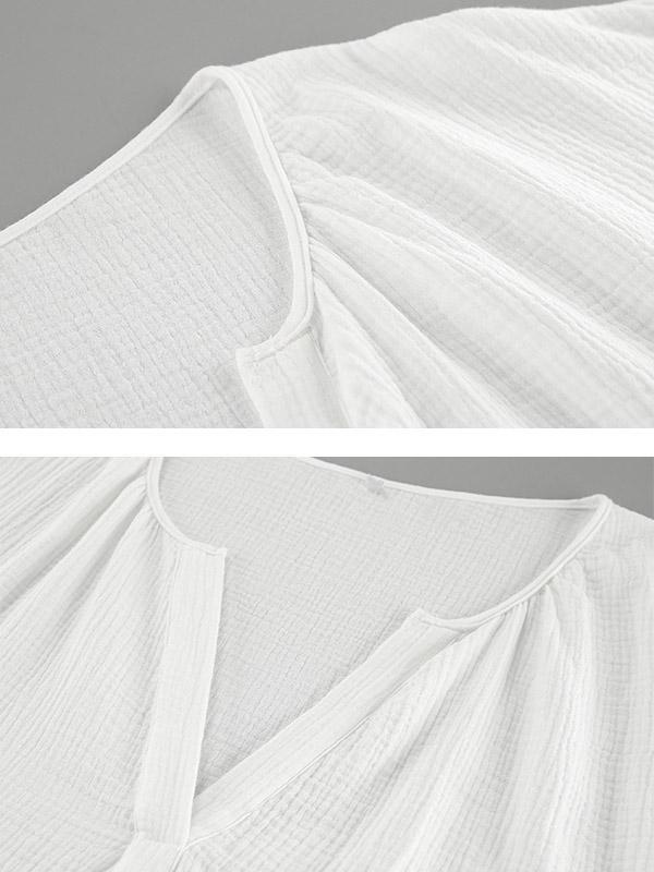 Loose Puff Sleeves Pleated Solid Color Split-Joint V-Neck Blouses&Shirts Tops Product Image