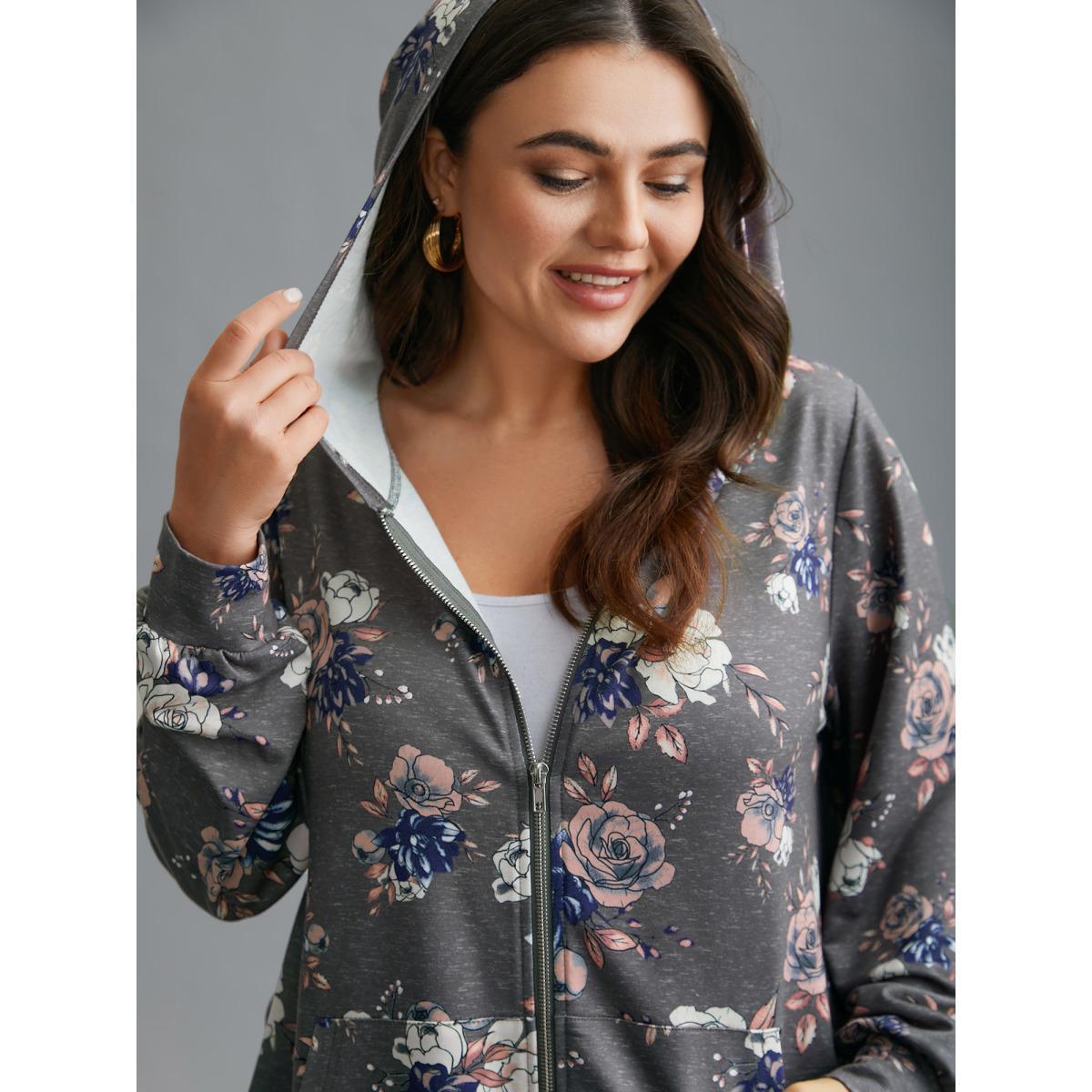 Plus Size Floral Print Zipper Front Hooded Sweatshirt Women DarkGray Casual Contrast Loose Hooded Everyday Sweatshirts BloomChic 26/4X Product Image