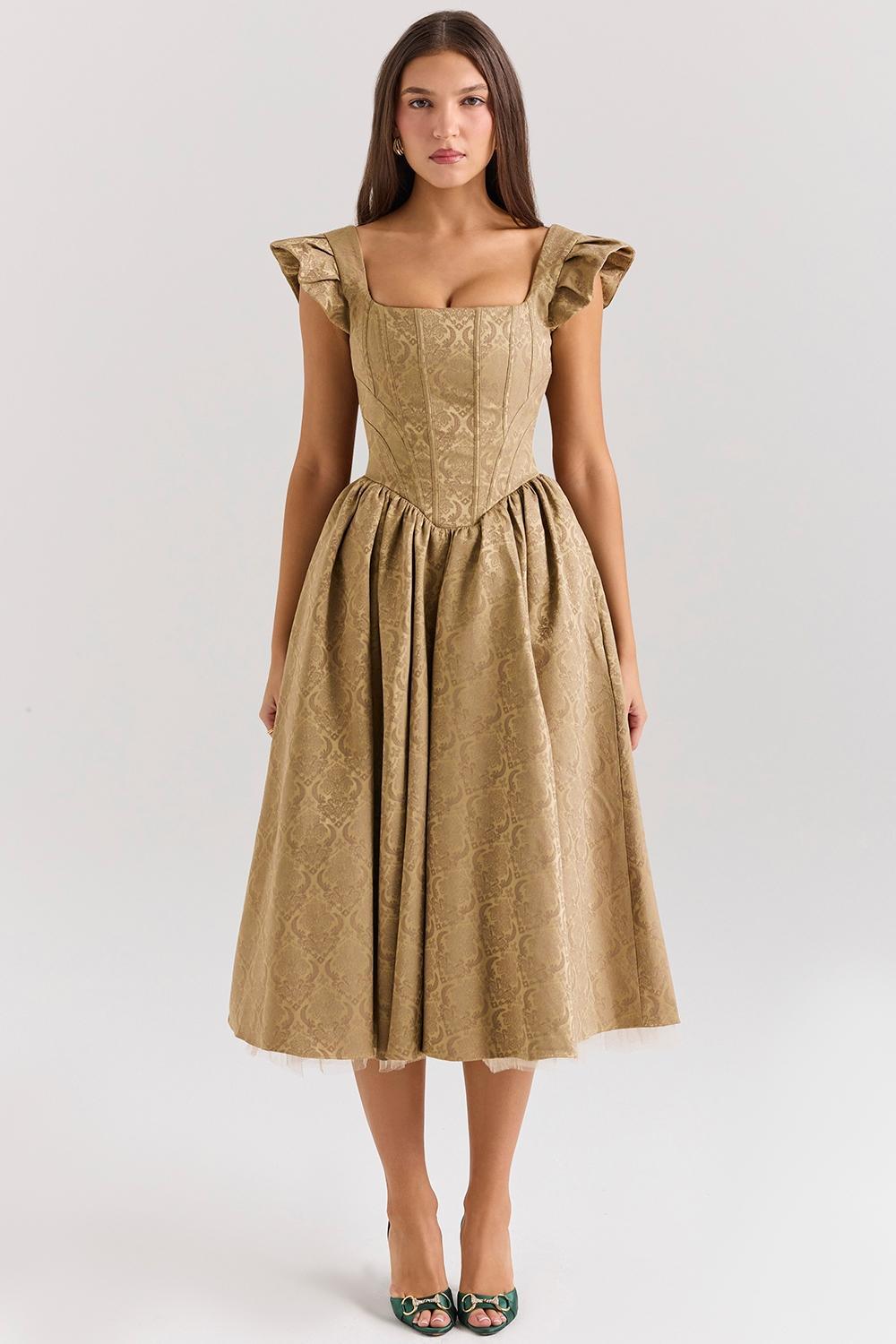 Alessandra Gold Jacquard Midi Dress with Detachable Bow Product Image