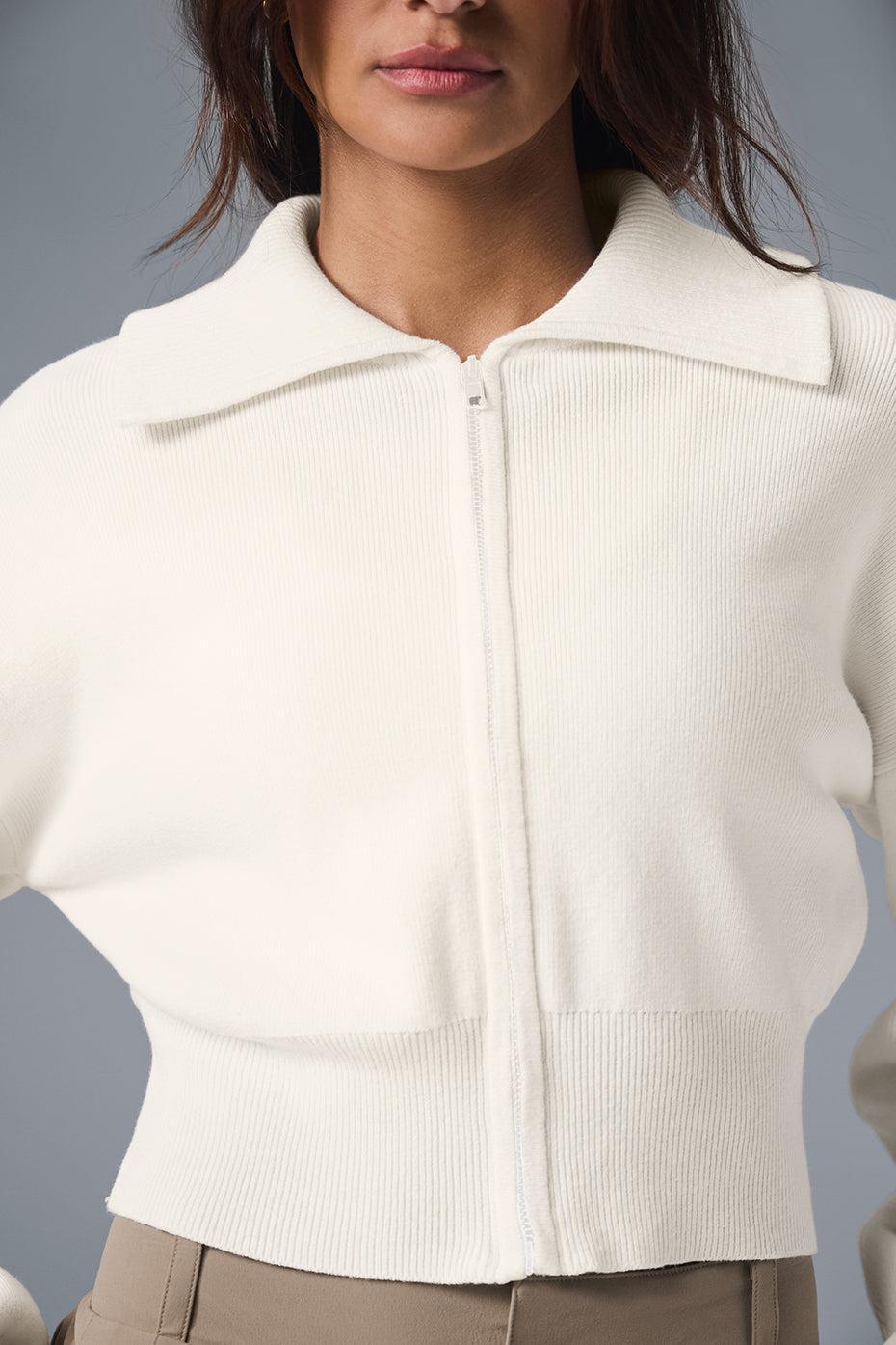 Scholar Knit Cropped Full Zip Jacket - Ivory Product Image