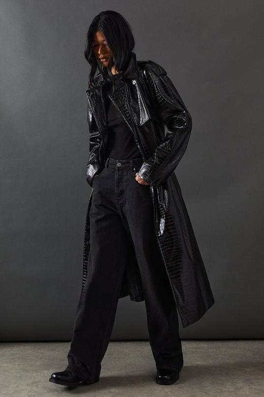 Croc Faux Leather Belted Trench Coat  Product Image