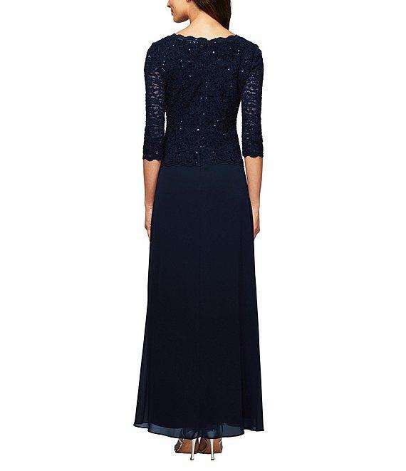 Alex Evenings Petite Size Sequined Lace Bodice Crew Neck 3/4 Sleeve Chiffon Skirted Gown Product Image
