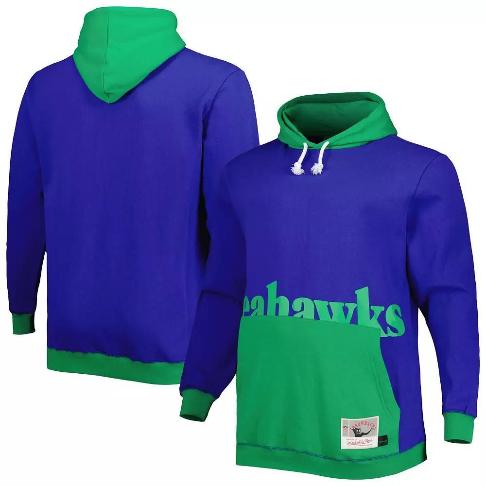Men's Mitchell & Ness Royal/Green Seattle Seahawks Big & Tall Big Face Pullover Hoodie, Size: 4XLT, Blue Product Image