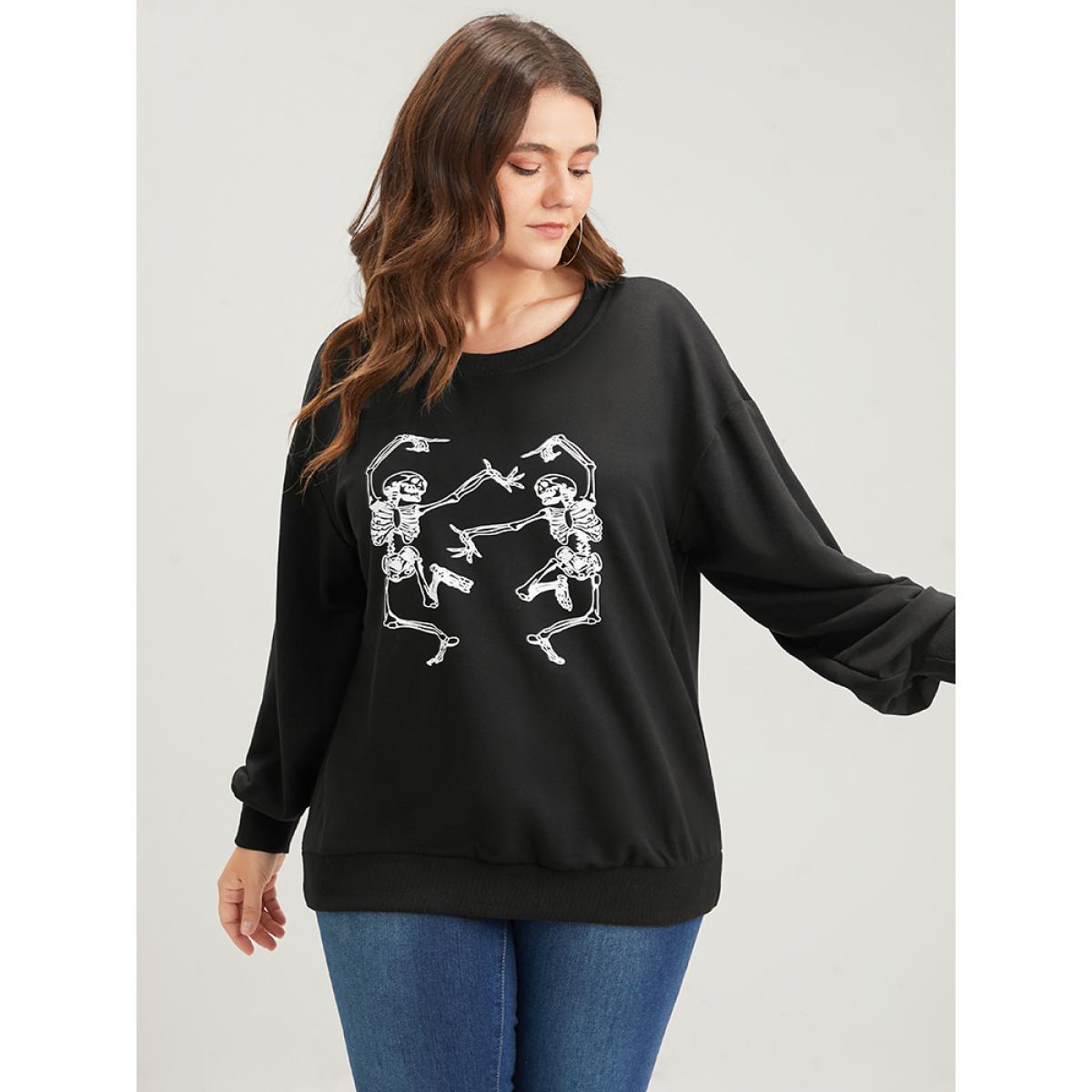 Plus Size Halloween Solid Skull Print Drop Shoulder Sweatshirt Women Black Casual Plain Loose Round Neck Dailywear Sweatshirts BloomChic 22-24/3X Product Image