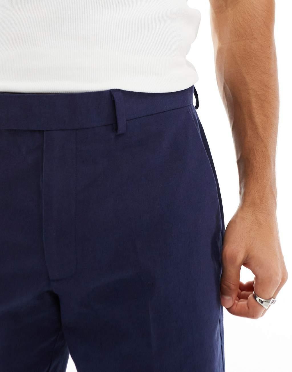 ASOS DESIGN smart slim fit linen blend shorts in navy Product Image