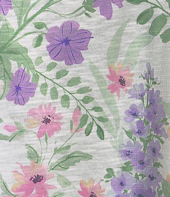 Allison Daley Plus Size Wildflower Border Print Flutter Sleeve Tassel Tie Neck Knit Top Product Image