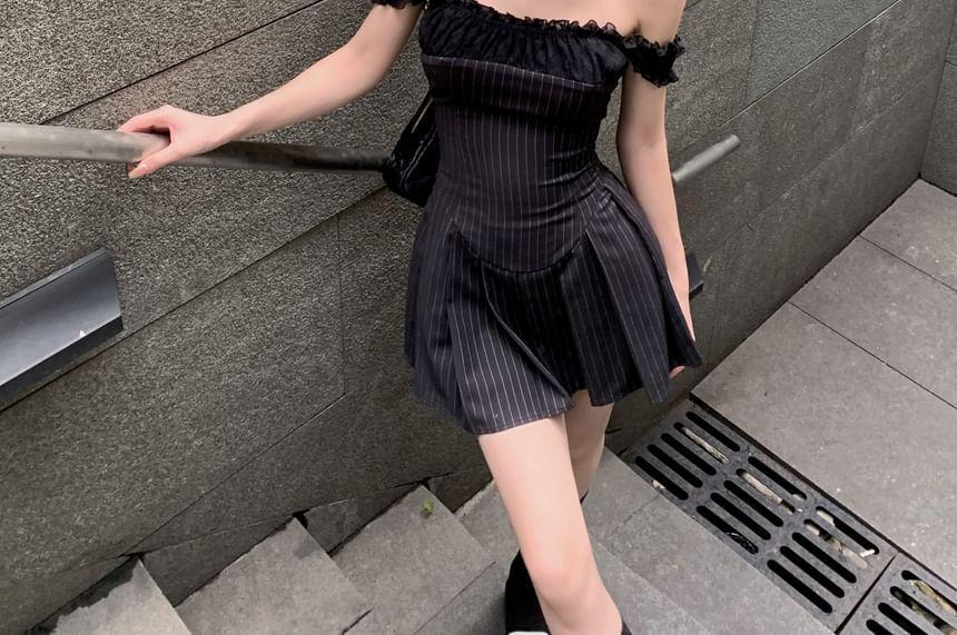 Off-Shoulder Striped Mini A-Line Dress Product Image