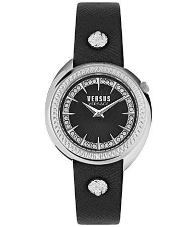 Versus By Versace Womens Tortona Crystal Two Hand Black Leather Strap Watch Product Image