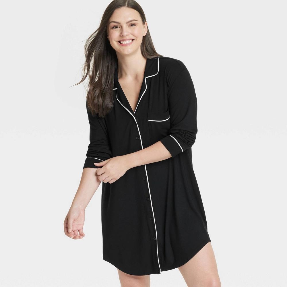 Womens Cloud Knit Notch Collar Long Sleeve NightGown - Auden Black L Product Image