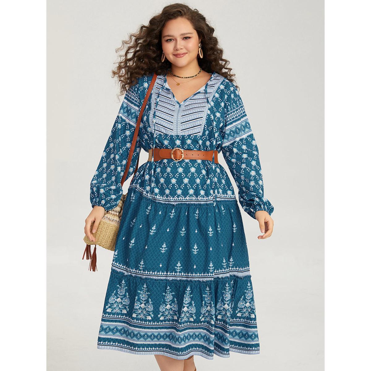 Plus Size Bandana Print Knot Neck Lantern Sleeve Dress Aegean Women Vacation Elastic cuffs Tie Neck Long Sleeve Curvy Midi Dress BloomChic 14-16/1X Product Image