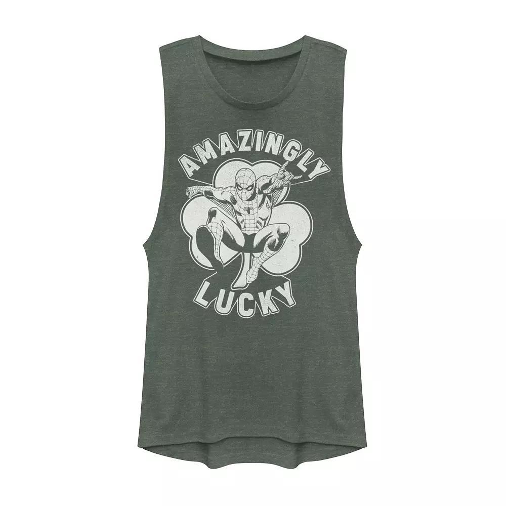 Juniors Marvel St. Pattys Amazingly Lucky Spider-Man Muscle Tank Top, Girls Pine Grey Product Image