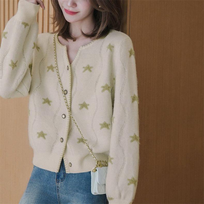 Round Neck Star Print Button Cropped Cardigan Product Image