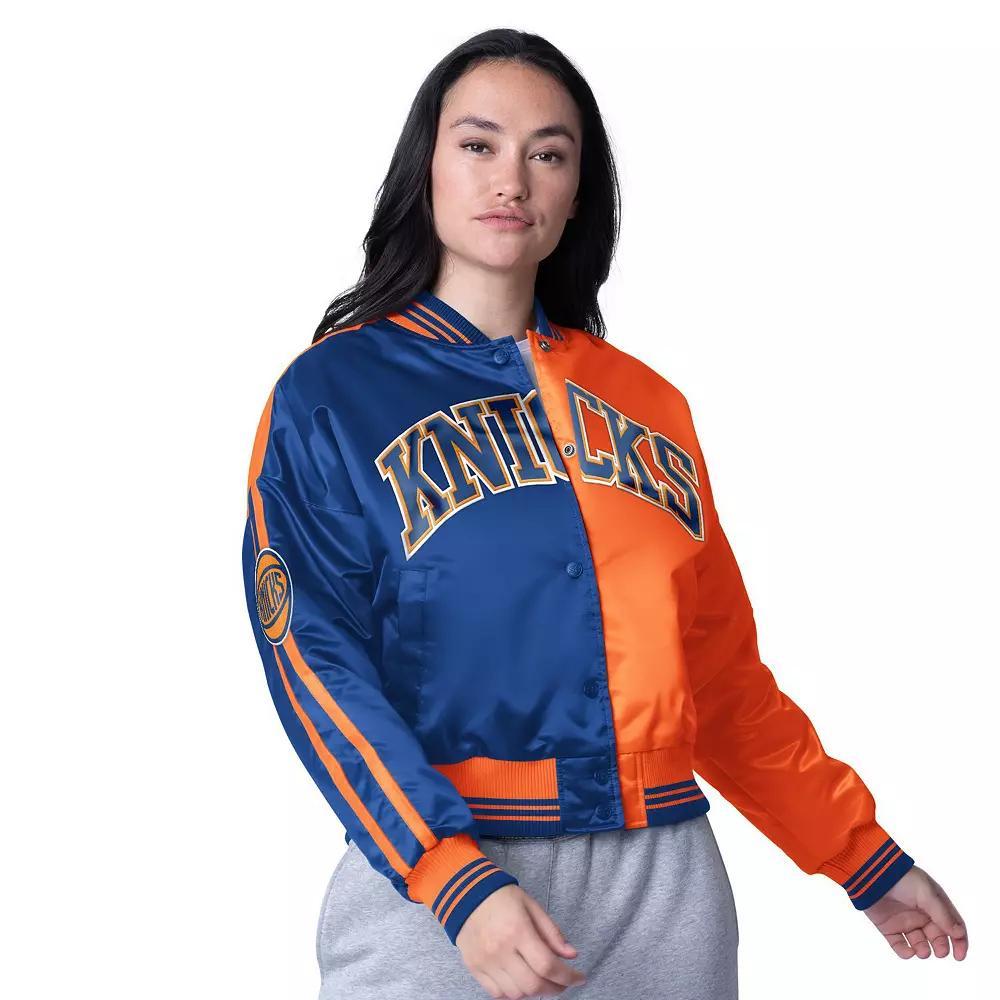 Women's Starter  Orange/Blue New York Knicks Zone Blitz Cropped Full-Snap Satin Jacket, Size: XL Product Image