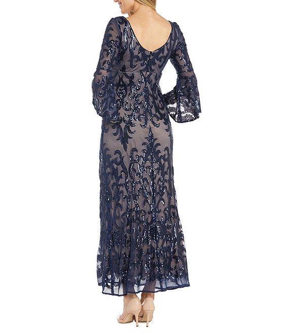 R & M Richards Sequin V-Neck 3/4 Sheer Illusion Bell Sleeve Sheath Dress Product Image