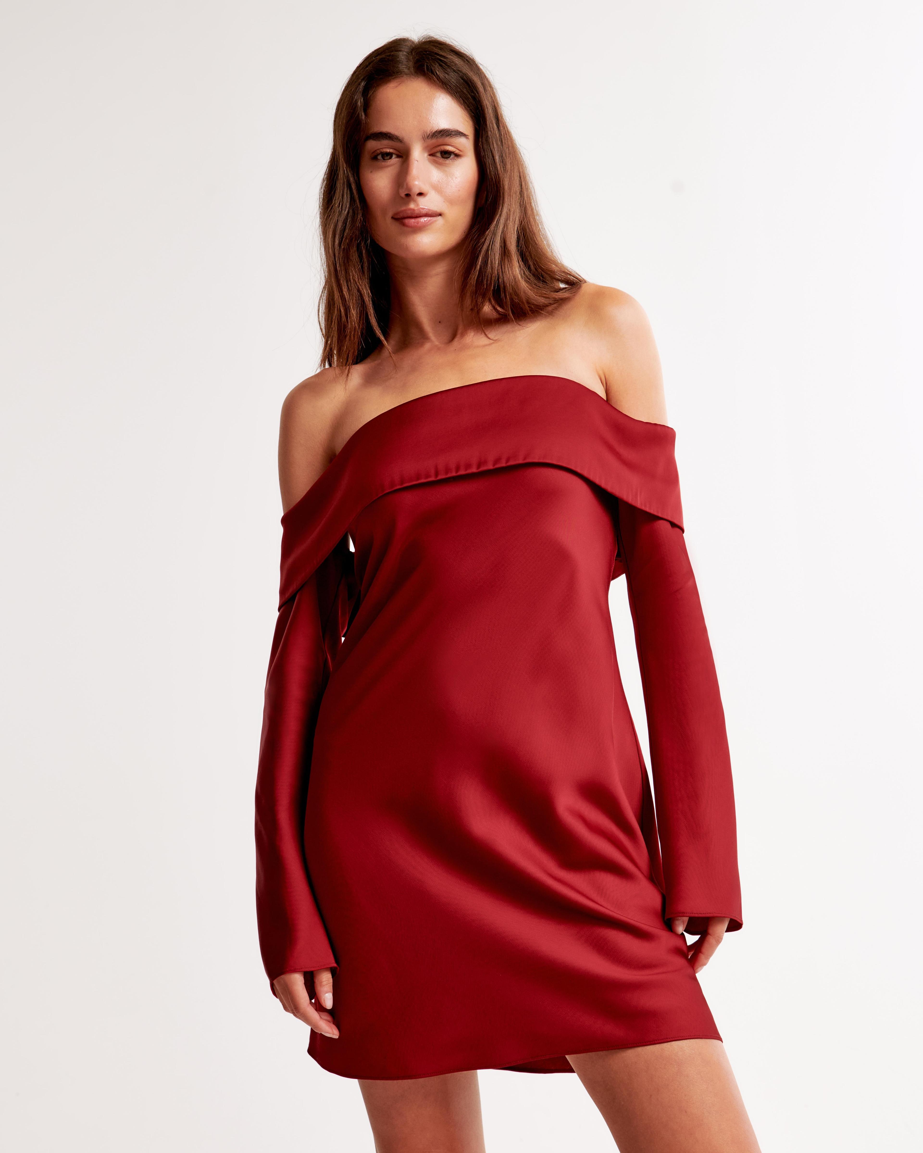 Long-Sleeve Off-The-Shoulder Satin Mini Dress Product Image