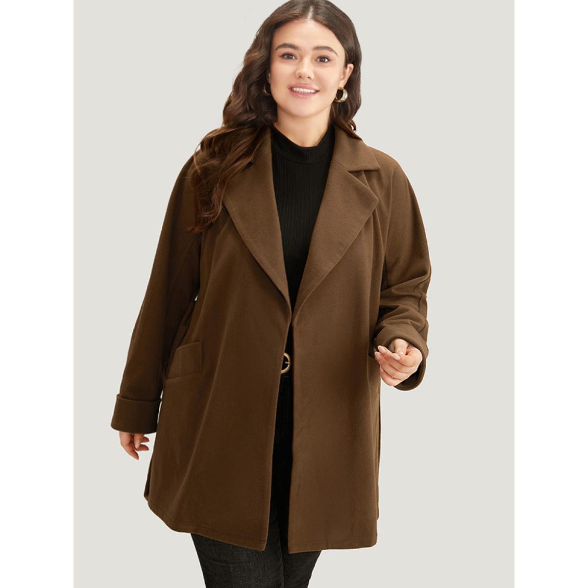 Plus Size Plain Lapel Collar Pocket Belted Coat Women DarkBrown Casual Plain Ladies Dailywear Winter Coats BloomChic 14-16/1X Product Image