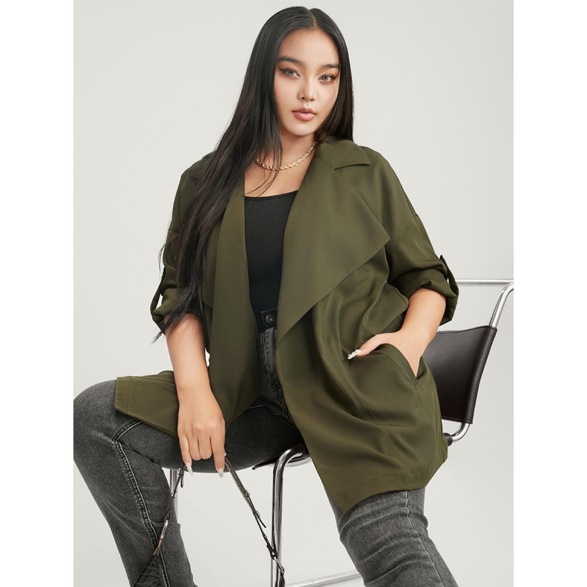 Plus Size Solid Pocket Roll Sleeve Waterfall Collar Coat Women ArmyGreen Casual Pocket Ladies Dailywear Winter Coats BloomChic 30/6X Product Image