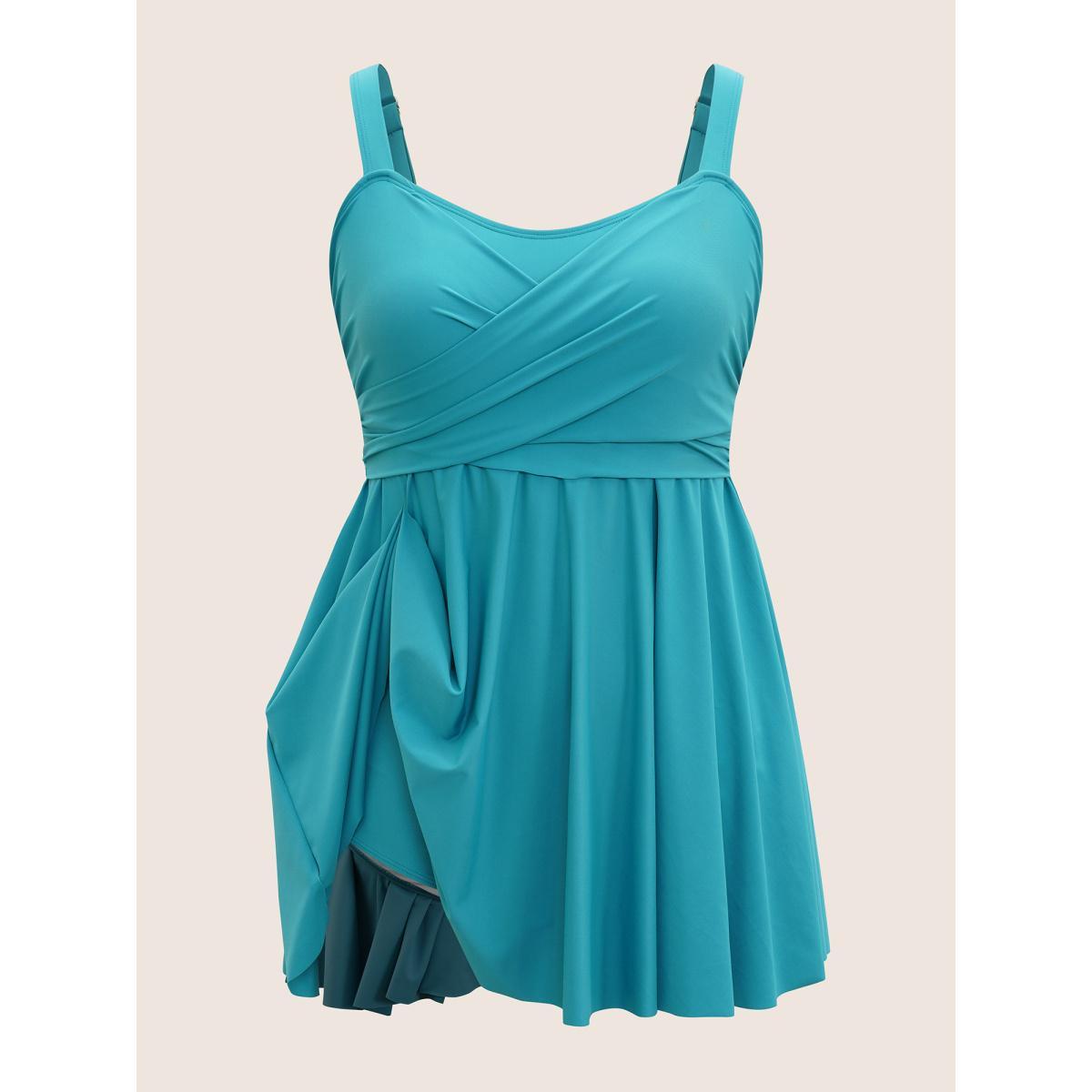 Plus Size Plain Crossover Gathered Detail Swim Dress Women's Swimwear Teal Beach Bodycon Heart neckline High stretch Curve Swim Dresses BloomChic 30/6X Product Image