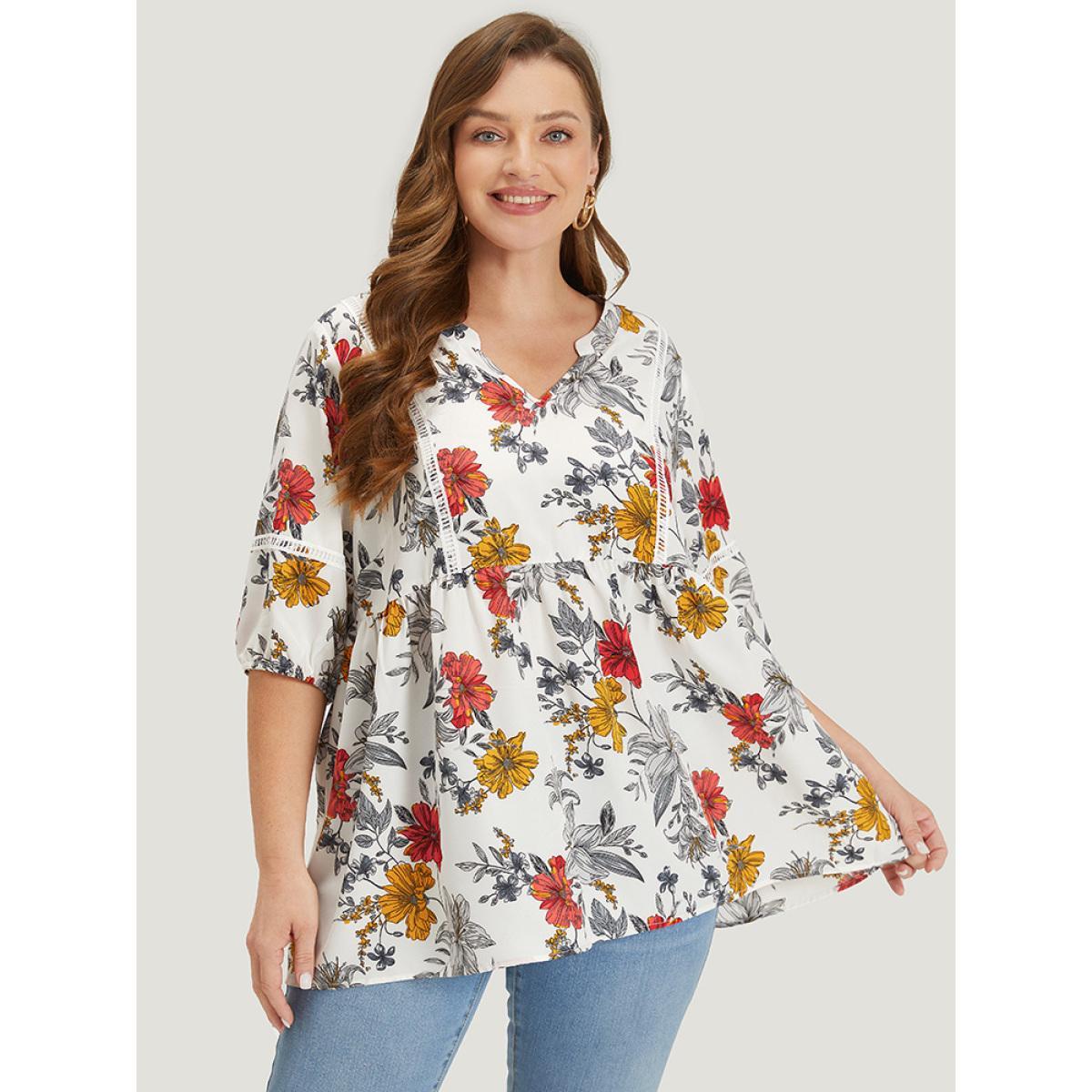 Plus Size White Floral Lantern Sleeve Lace Gathered Notched Blouse Women Elegant Elbow-length sleeve Notched collar Dailywear Blouses BloomChic 28/5X Product Image