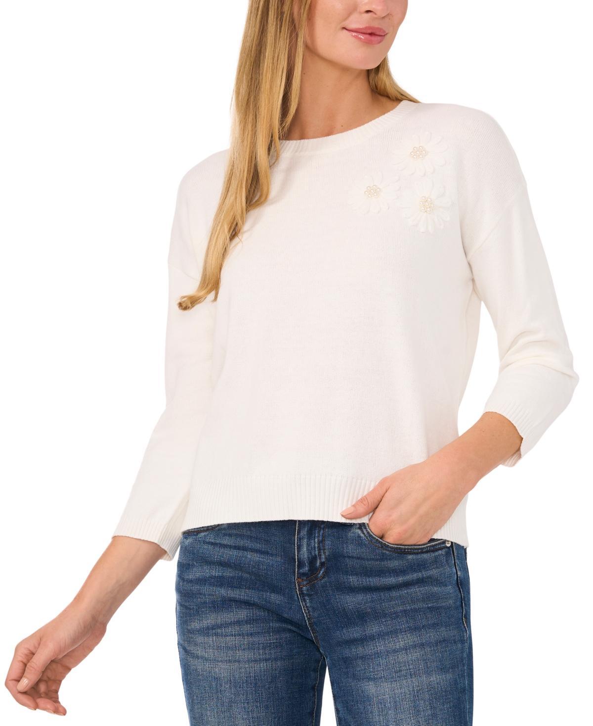 CeCe Womens Embellished Embroidered 3/4-Sleeve Sweater Product Image