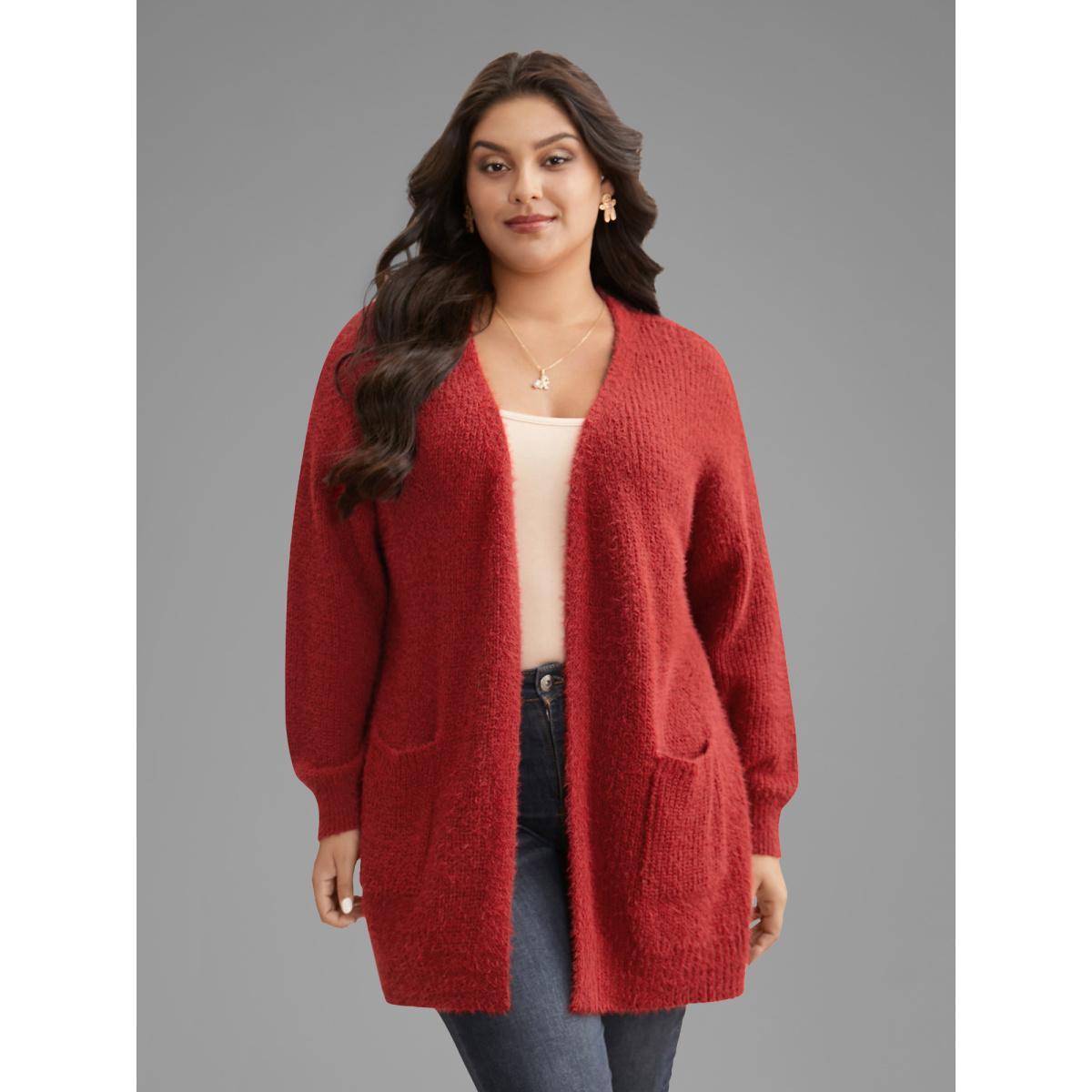 Plus Size Mink-Hair Feel Pockets Open Front Cardigan Scarlet Women Casual Loose Long Sleeve Everyday Cardigans BloomChic 14-16/1X Product Image