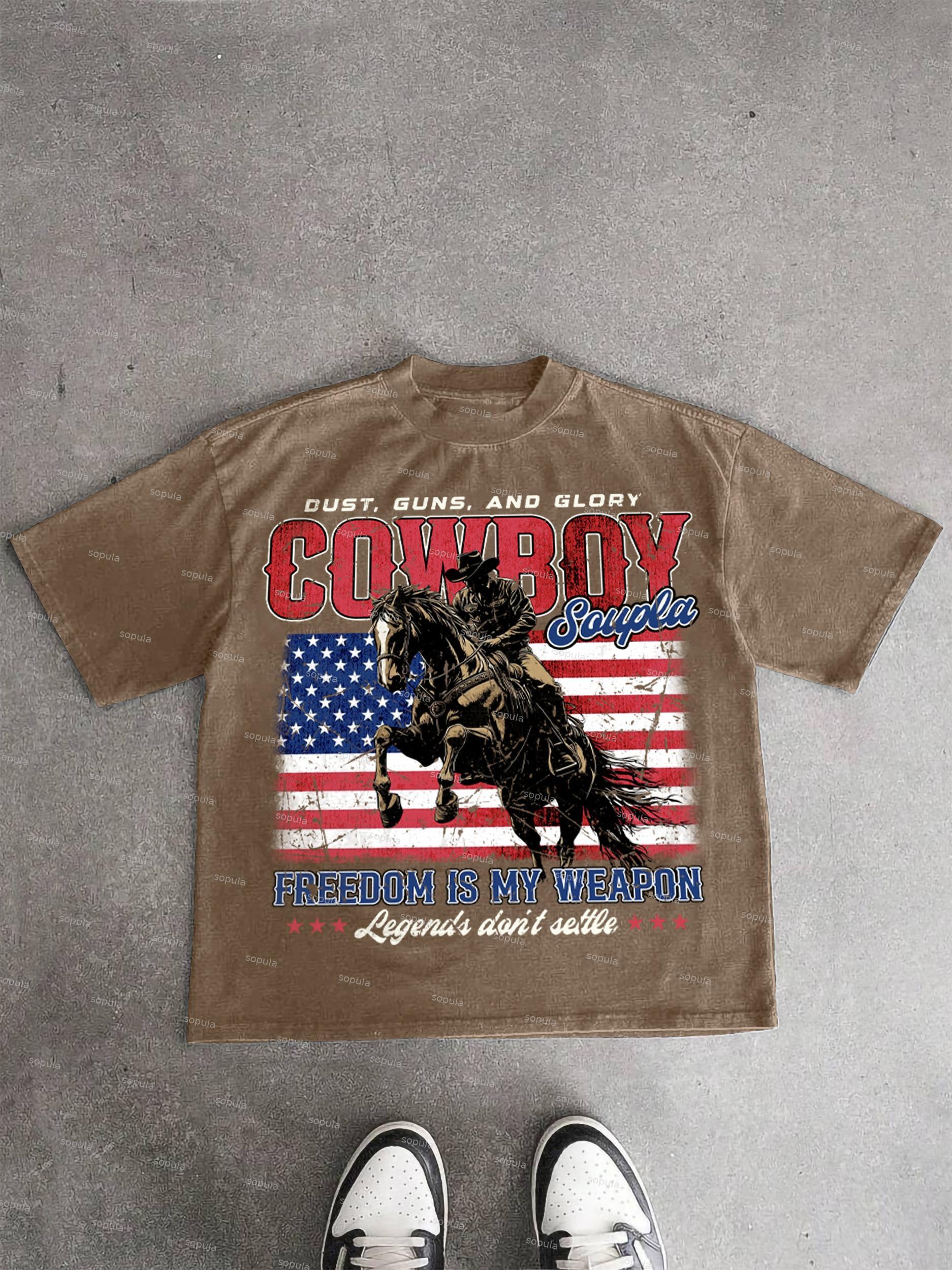 Vintage Independence Day Cowboy Graphic Acid Wash T-shirt Product Image