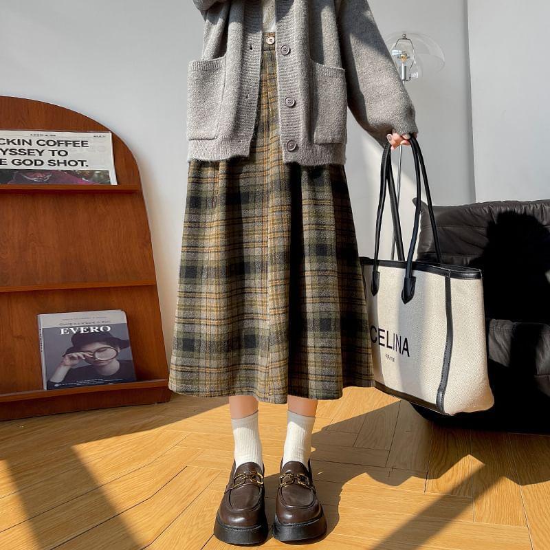 High Rise Plaid Midi A-Line Skirt Product Image