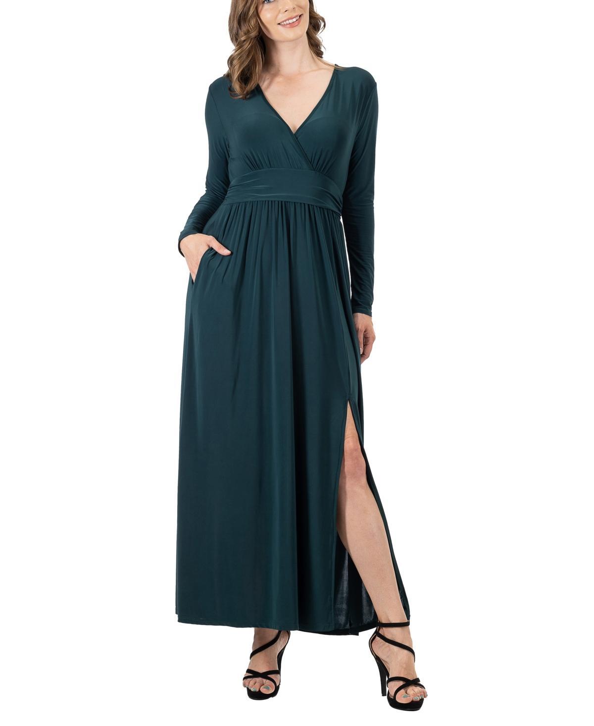 24seven Comfort Apparel Womens Long Sleeve V-neck Side Slit Maxi Dress Product Image