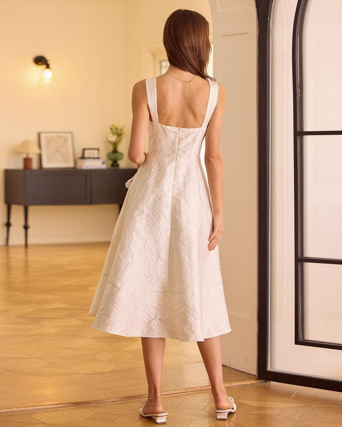 The White Sweetheart Neck Jacquard Midi Dress Product Image
