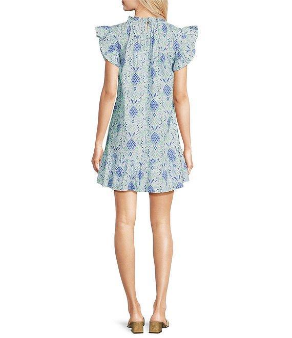 SAIL to SABLE Woven Pineapple Print Ruffle Mock Neck Flutter Sleeve Shift Dress Product Image